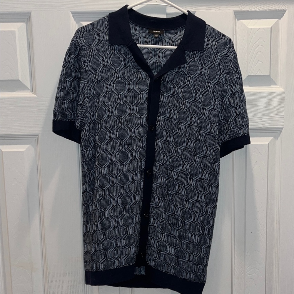 Express Navy and Blue Patterned Casual Button Down Knit Shirt